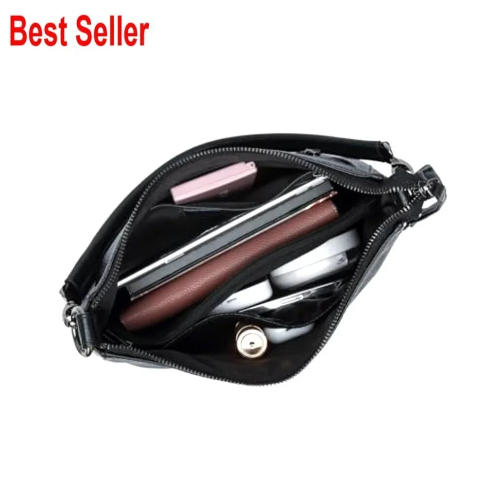 Genuine Leather Hobo Shoulder Bag with Crossbody Strap